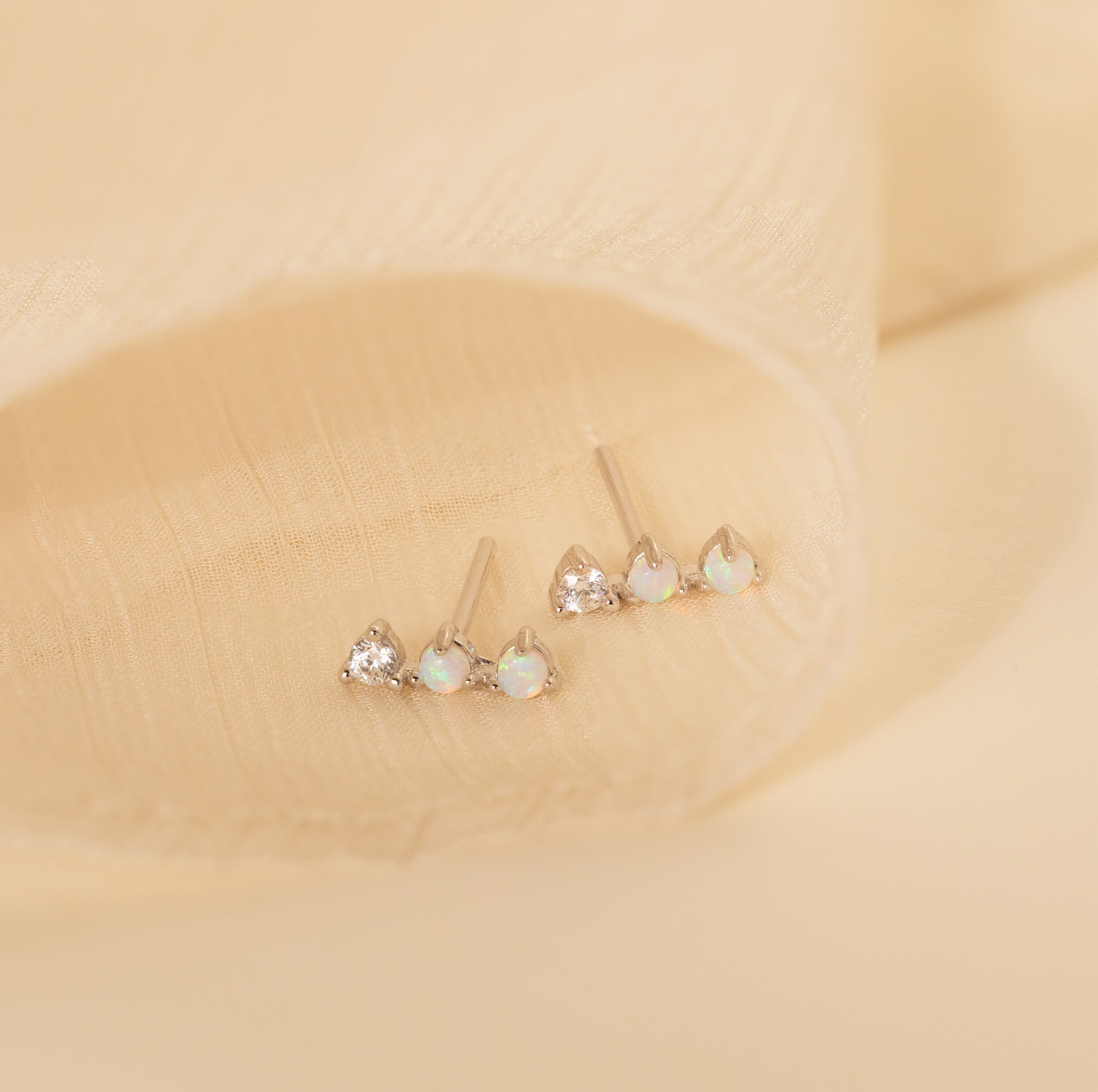 Opal Diamond Bar Studs Sterling Silver